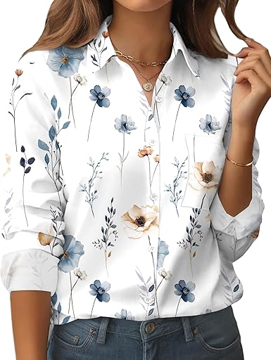 Womens Button Down Shirt Long Sleeve Blouse Business Work Tops Dressy Casual Floral Printed Outfits with Pocket
