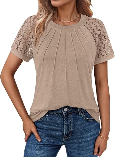 Women's Lace Short Sleeve Blouse - Soft Business Casual Top, Versatile Flattering Office Shirt for Summer